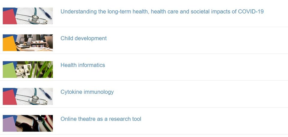 Figure 1. A search with the keyword “COVID-19” brings up all the University of Tartu research directions in which researchers are, to some extent, working on this topic. It is easy to find more information on all of them on the dashboard